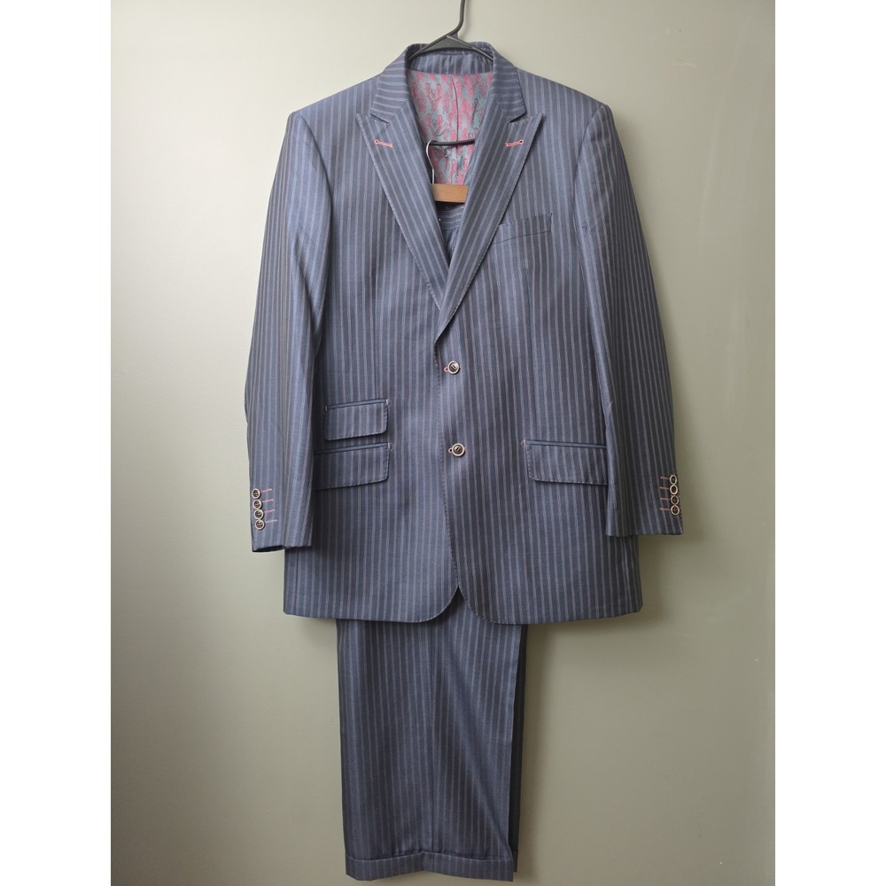 Tayion Denzel 3 Pc Suit 44L - 38x32 Super 140s Pure Italian Wool Pinstripe Grey